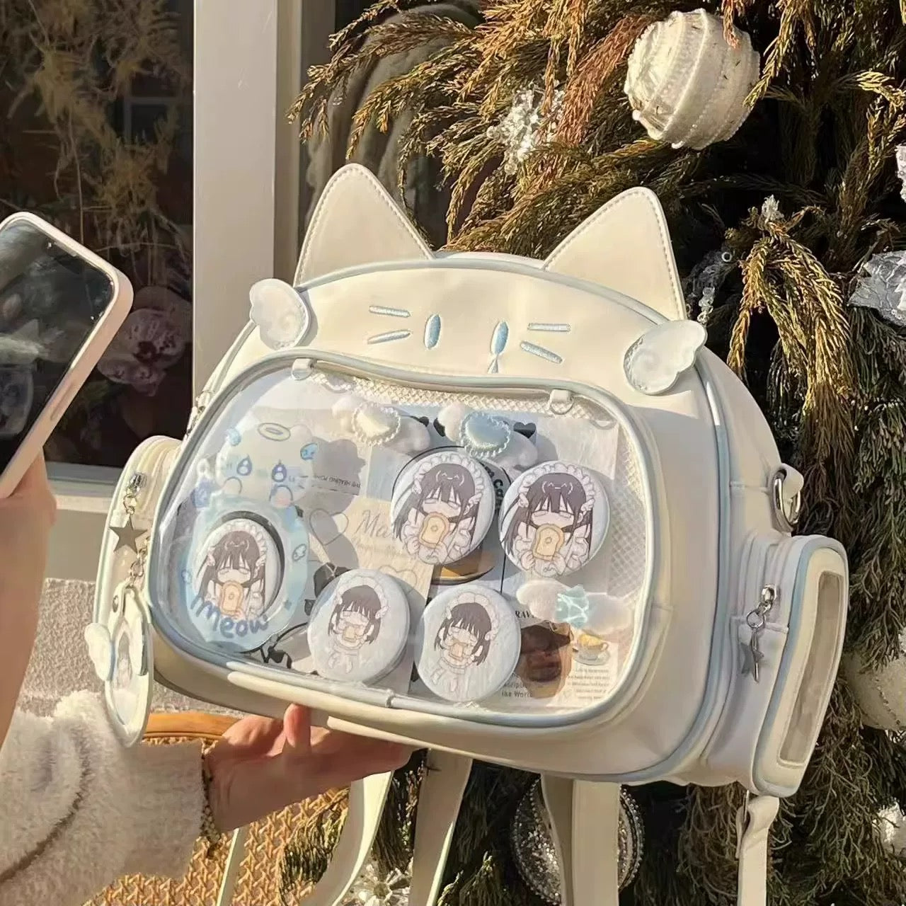 Kawaii Cat Whiskers Embroidery Ita Backpack Clear Window Display Bag Cute Anime Style